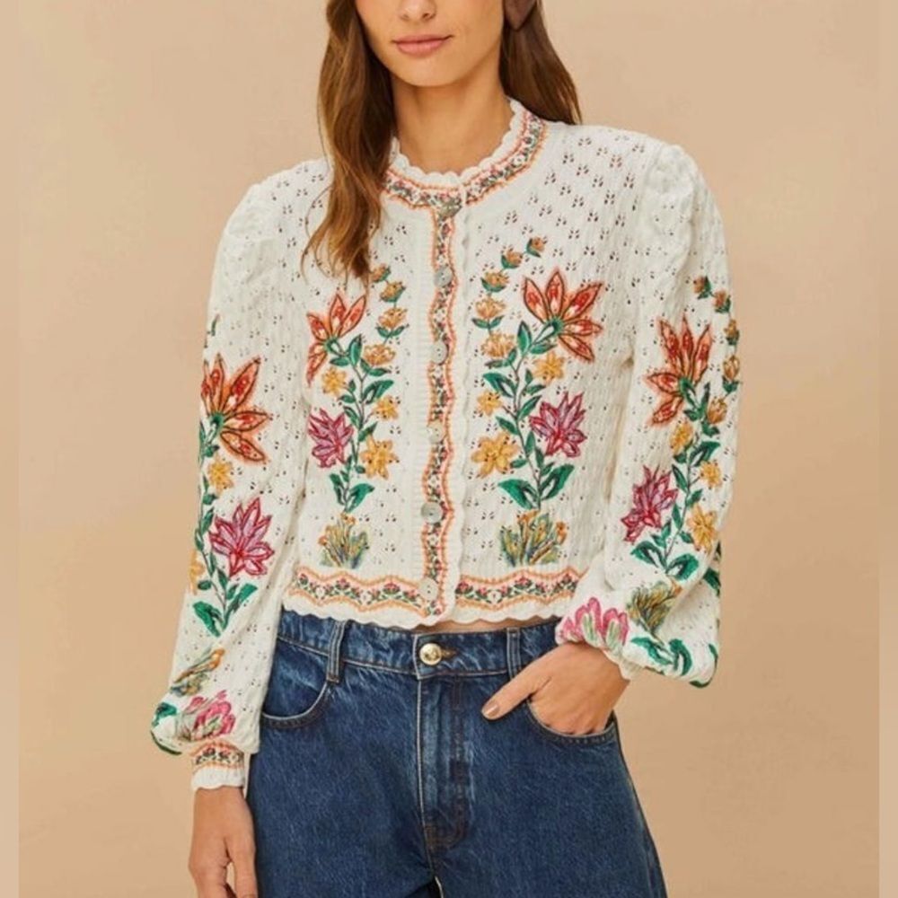 FARM Rio  Off  White Garden Delight  Knit Cardigan